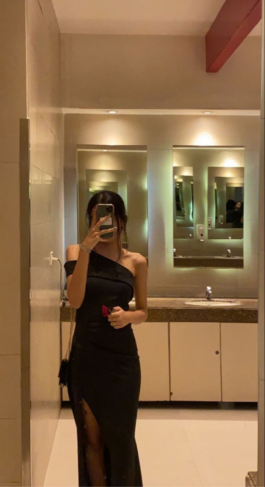 Vestido de fiesta largo de satén negro con un solo hombro y corte sirena, con abertura, para graduación, noche, GG3838