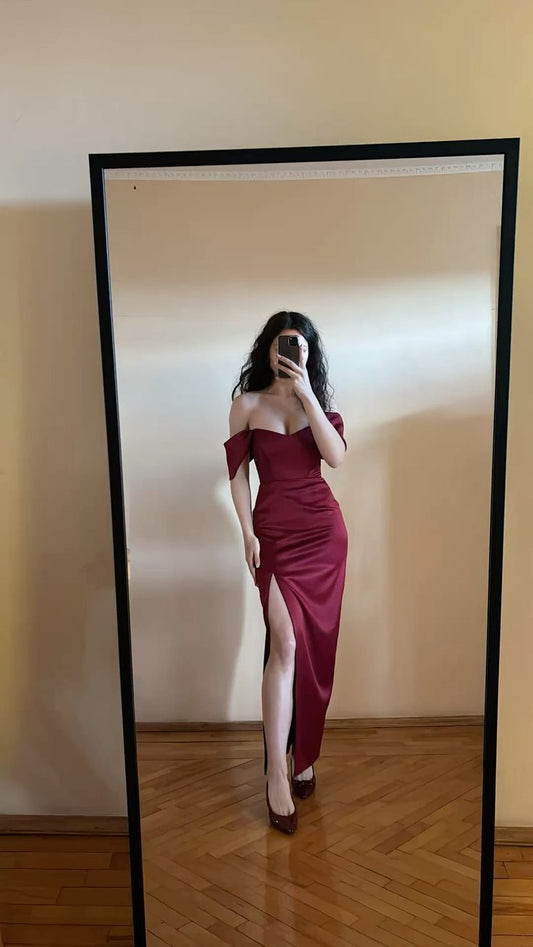 Vestido de fiesta largo de satén con escote sirena burdeos y hombros descubiertos, con abertura, para graduación, noche, GG3842