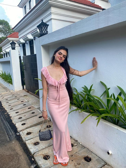 Elegante vestido de fiesta largo de satén rosa con escote en V y corte sirena, vestido de fiesta y vestido de noche GG3844