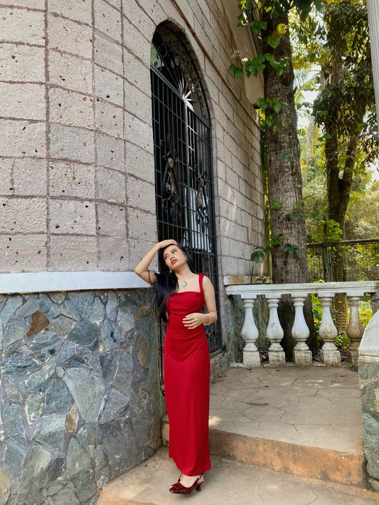 Vestido de fiesta largo de satén con corte sirena, sencillo, rojo, cuadrado, para graduación, noche, GG3845