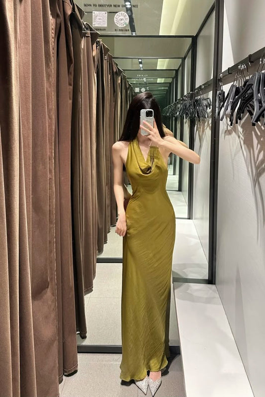 Vestido de fiesta largo de satén con cuello halter y corte sirena, elegante, para graduación, noche, GG3847