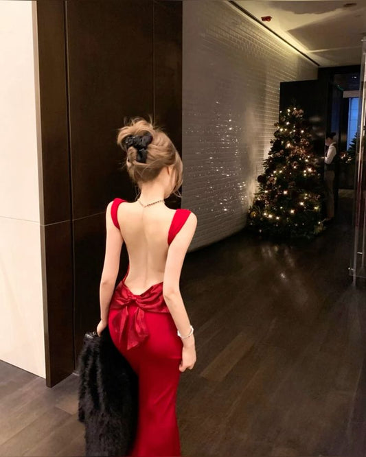 Vestido largo de fiesta, de noche y de satén rojo con escote de sirena, espalda descubierta y lazo (GG3848)