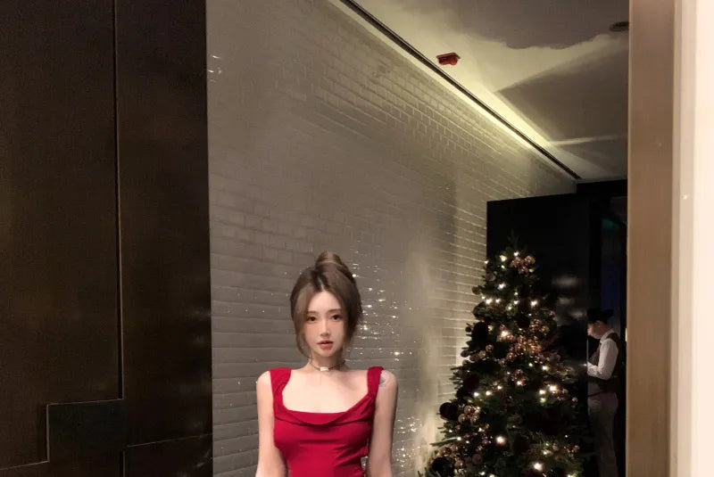 Vestido largo de fiesta, de noche y de satén rojo con escote de sirena, espalda descubierta y lazo (GG3848)