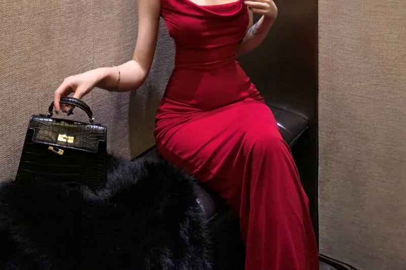 Vestido largo de fiesta, de noche y de satén rojo con escote de sirena, espalda descubierta y lazo (GG3848)