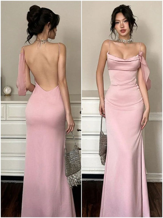 Vestido de fiesta largo de satén con tirantes finos, estilo sirena, color rosa, sin espalda, para graduación, noche, GG3849
