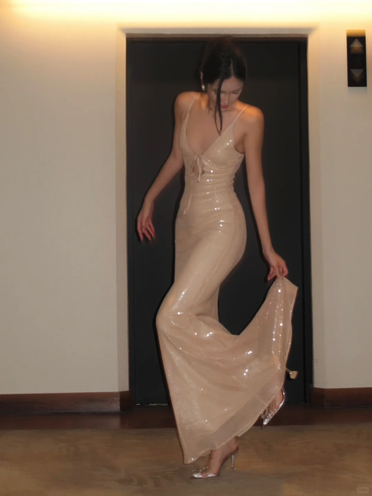 Hermoso vestido de fiesta largo de sirena con tirantes finos y lentejuelas, vestido de fiesta, vestido de noche GG3851