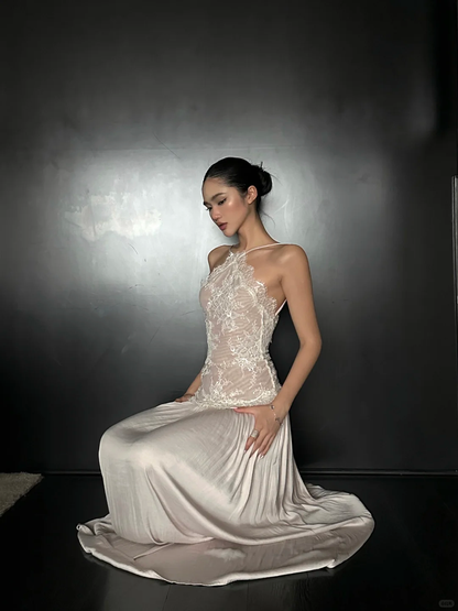 Hermoso vestido de fiesta largo de satén con escote halter y encaje, sin espalda, corte A, para graduación, noche, GG3852