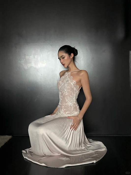 Hermoso vestido de fiesta largo de satén con escote halter y encaje, sin espalda, corte A, para graduación, noche, GG3852