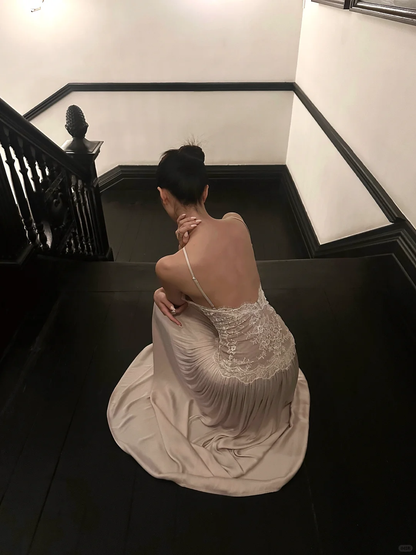 Hermoso vestido de fiesta largo de satén con escote halter y encaje, sin espalda, corte A, para graduación, noche, GG3852