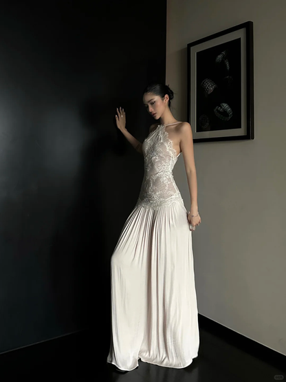 Hermoso vestido de fiesta largo de satén con escote halter y encaje, sin espalda, corte A, para graduación, noche, GG3852