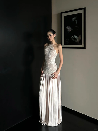 Hermoso vestido de fiesta largo de satén con escote halter y encaje, sin espalda, corte A, para graduación, noche, GG3852