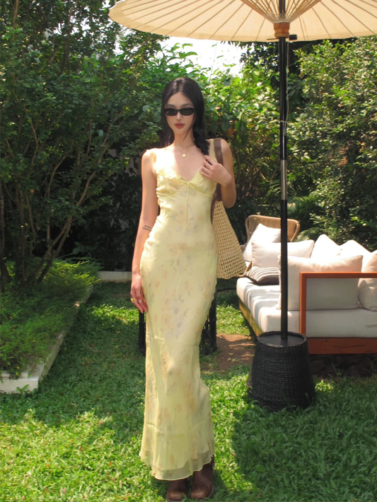 Vestido largo de gasa con tirantes finos, corte sirena, color amarillo pastel, para fiesta de graduación o de noche, GG3853