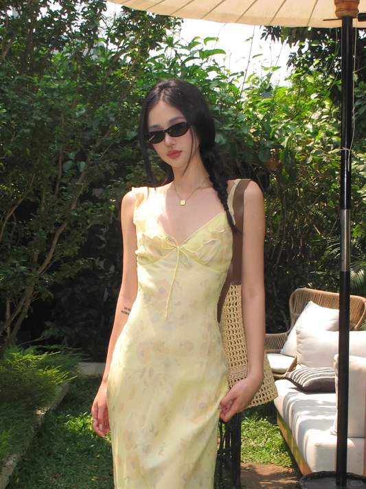 Vestido largo de gasa con tirantes finos, corte sirena, color amarillo pastel, para fiesta de graduación o de noche, GG3853