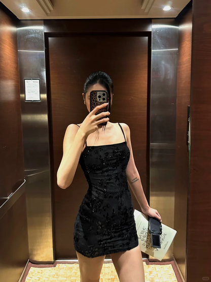 Vestido corto de fiesta de sirena con tirantes finos, satén negro y lentejuelas, ideal para celebrar el 22.º cumpleaños de verano, GG3854