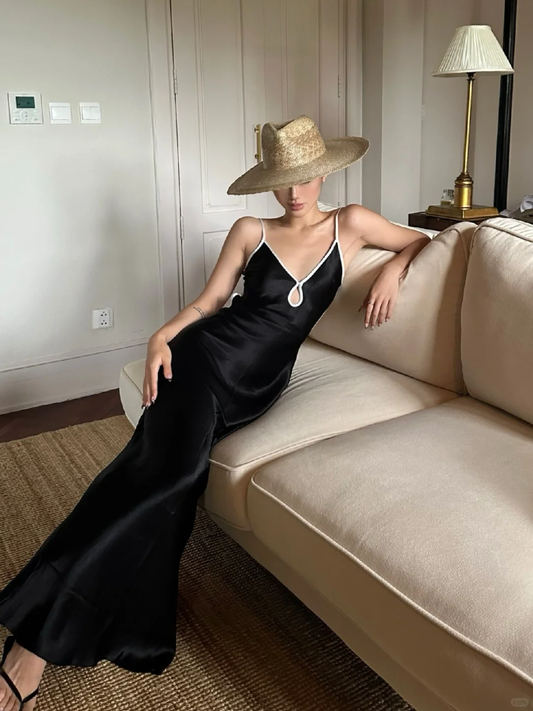 Vestido de fiesta largo de satén negro con tirantes finos y escote de sirena, sin espalda, para graduación, noche, GG3856