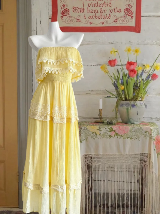 Vestido de fiesta largo de satén amarillo pastel, elegante, sin tirantes, corte A, con encaje, GG3858