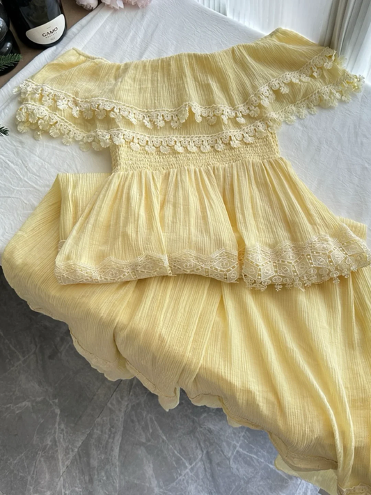 Vestido de fiesta largo de satén amarillo pastel, elegante, sin tirantes, corte A, con encaje, GG3858