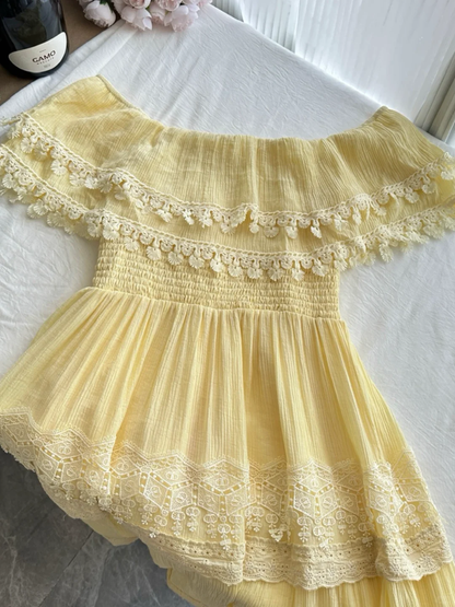 Vestido de fiesta largo de satén amarillo pastel, elegante, sin tirantes, corte A, con encaje, GG3858
