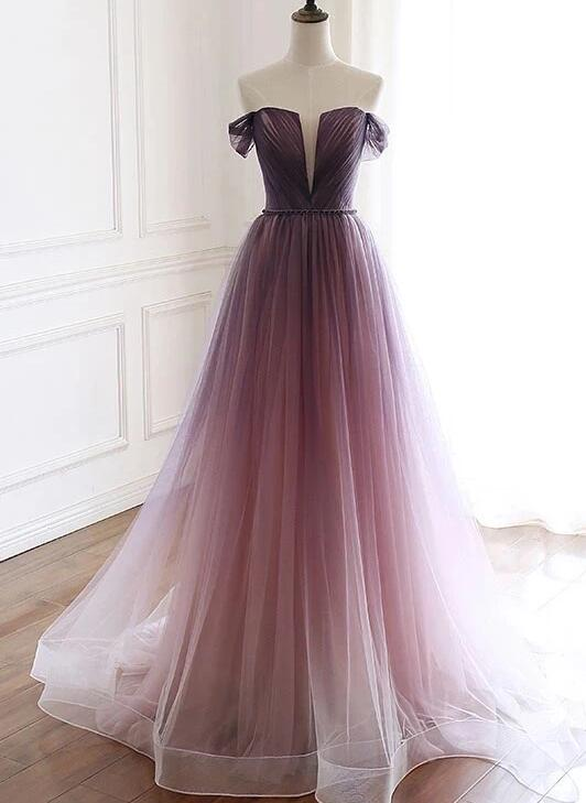 Hermoso vestido de fiesta largo de tul degradado con hombros descubiertos, corte A, vestido de noche GG385