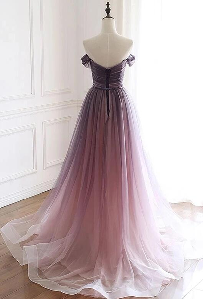 Hermoso vestido de fiesta largo de tul degradado con hombros descubiertos, corte A, vestido de noche GG385