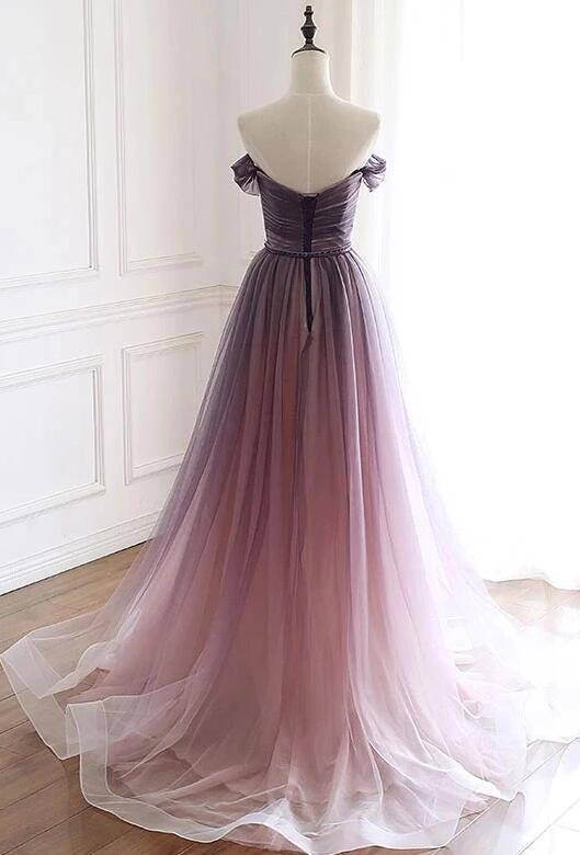Hermoso vestido de fiesta largo de tul degradado con hombros descubiertos, corte A, vestido de noche GG385