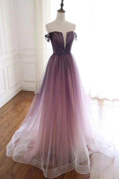 Hermoso vestido de fiesta largo de tul degradado con hombros descubiertos, corte A, vestido de noche GG385