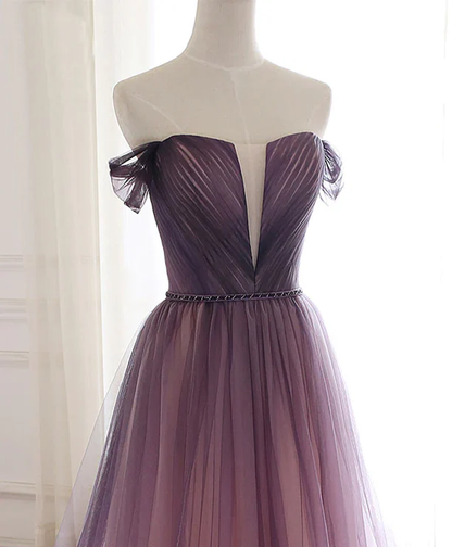 Hermoso vestido de fiesta largo de tul degradado con hombros descubiertos, corte A, vestido de noche GG385