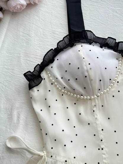 Vestido de fiesta largo de satén con tirantes finos, corte A, lunares y gasa, con capas, para graduación, noche, GG3863