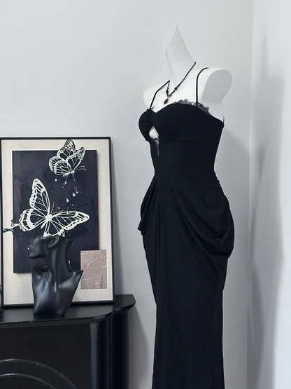 Vestido largo de sirena con tirantes finos y encaje de satén negro, sexy, para fiesta de graduación o de noche, GG3866
