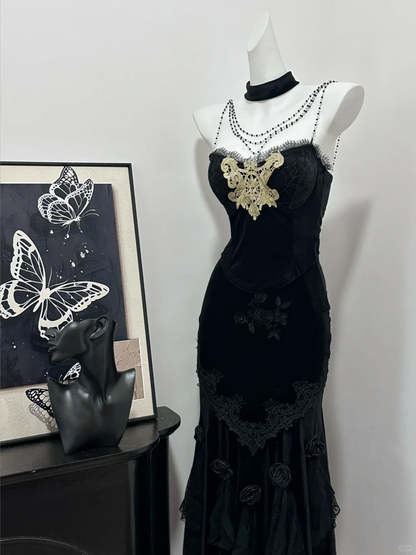 Hermoso vestido largo de sirena con tirantes finos, satén negro, apliques de cuentas, vestido de fiesta, vestido de noche GG3867