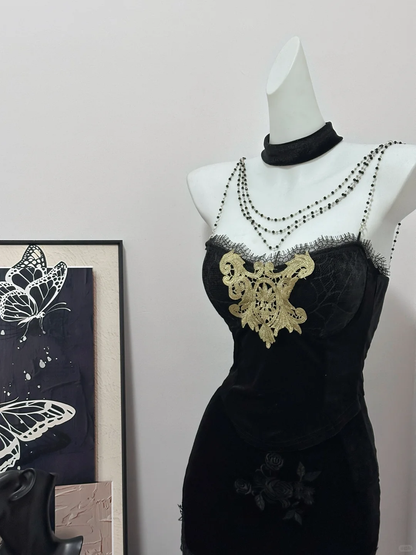 Hermoso vestido largo de sirena con tirantes finos, satén negro, apliques de cuentas, vestido de fiesta, vestido de noche GG3867