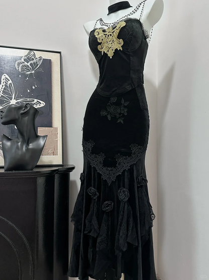 Hermoso vestido largo de sirena con tirantes finos, satén negro, apliques de cuentas, vestido de fiesta, vestido de noche GG3867