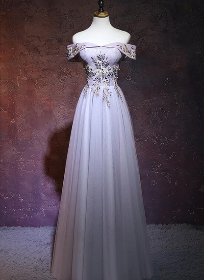 Hermoso vestido de fiesta largo con apliques de tul y hombros descubiertos, vestido de noche GG386