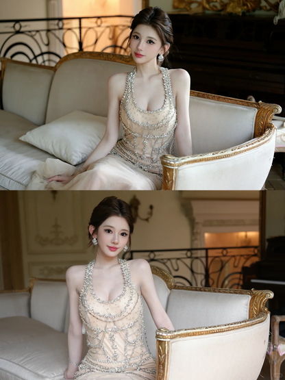 Hermoso vestido de fiesta largo de sirena con cuello halter, satén y tul con cuentas, vestido de fiesta, vestido de noche GG3876
