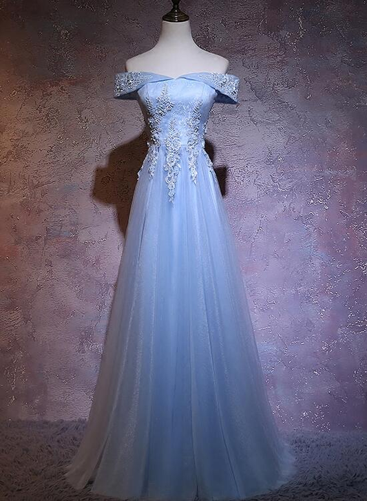 Hermoso vestido de fiesta largo con apliques de tul y hombros descubiertos, vestido de noche GG387