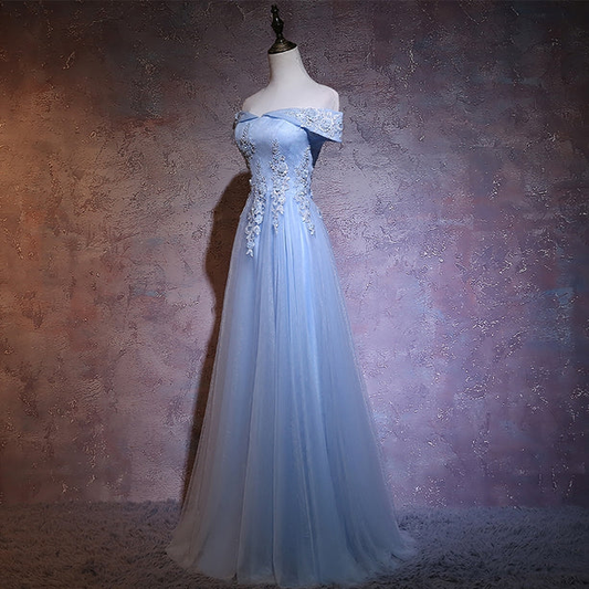 Hermoso vestido de fiesta largo con apliques de tul y hombros descubiertos, vestido de noche GG387
