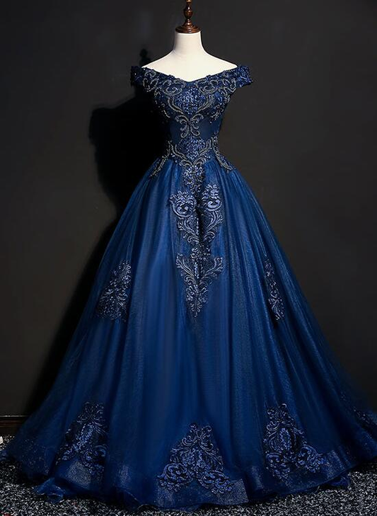 Hermoso vestido de fiesta largo de tul azul oscuro con hombros descubiertos y apliques, vestido de noche GG388