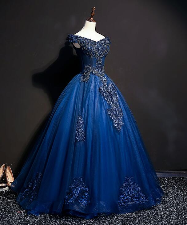 Hermoso vestido de fiesta largo de tul azul oscuro con hombros descubiertos y apliques, vestido de noche GG388