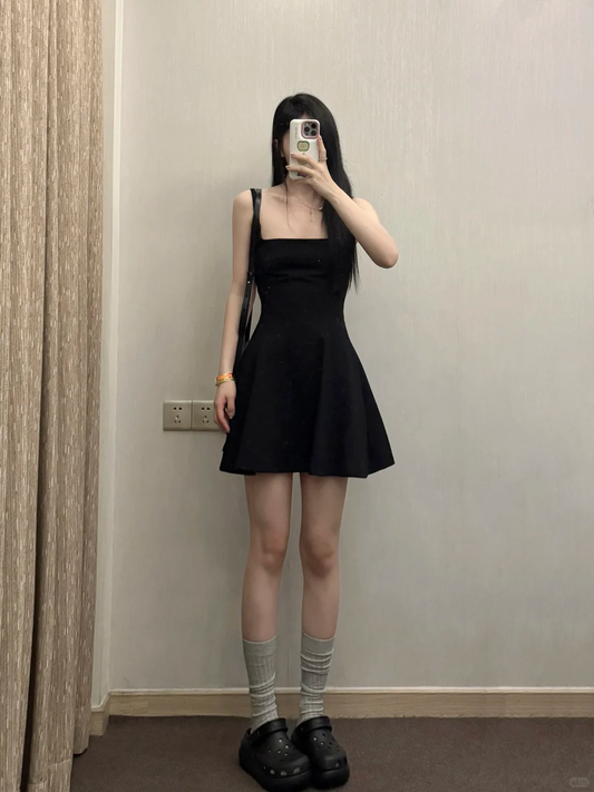 Black A Line Square Satin Short Homecoming Dress,Summer 18th Birthday Dress GG3905