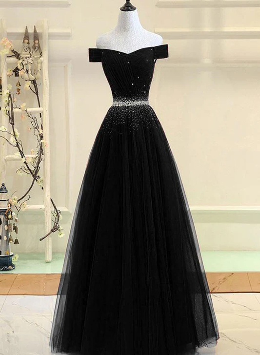Hermoso vestido de fiesta largo de tul negro con cuentas y hombros descubiertos, vestido de noche GG390
