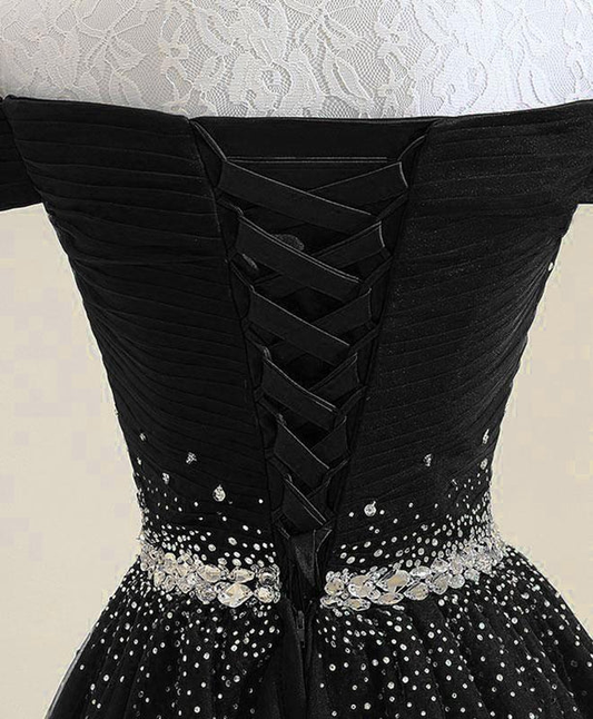 Hermoso vestido de fiesta largo de tul negro con cuentas y hombros descubiertos, vestido de noche GG390