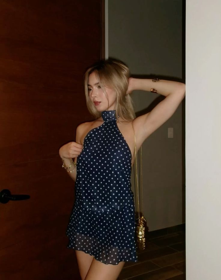 Vestido de fiesta corto de gasa con cuello halter, lunares, espalda descubierta, corte A, para celebrar 22 años, GG3916