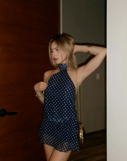Vestido de fiesta corto de gasa con cuello halter, lunares, espalda descubierta, corte A, para celebrar 22 años, GG3916