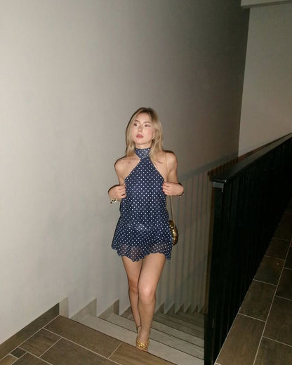 Vestido de fiesta corto de gasa con cuello halter, lunares, espalda descubierta, corte A, para celebrar 22 años, GG3916