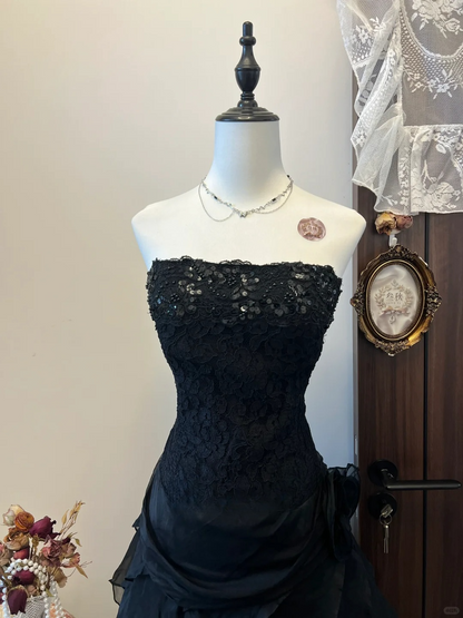 Classy A Line Strapless Black Satin Lace Sequin Short Homecoming Dress,Summer 18th Birthday Dress GG3942