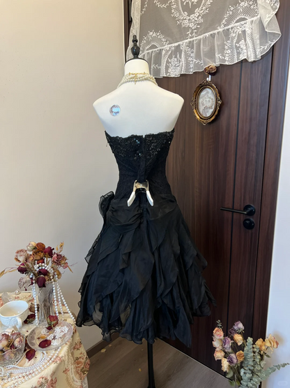 Classy A Line Strapless Black Satin Lace Sequin Short Homecoming Dress,Summer 18th Birthday Dress GG3942