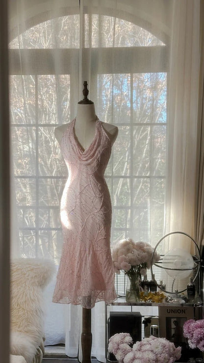 Impresionante vestido de fiesta corto de sirena con cuello halter, satén rosa, tul y lentejuelas, sin espalda, para celebrar 18 cumpleaños en verano, GG3956