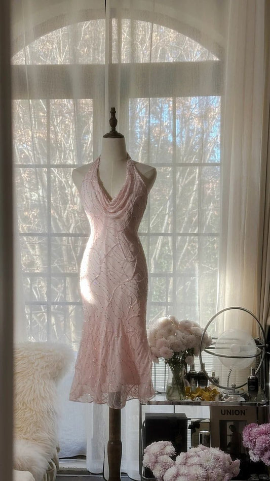 Stunning Mermaid Halter Pink Satin Tulle Sequin Backless Short Homecoming Dress,Summer 18th Birthday Dress GG3956