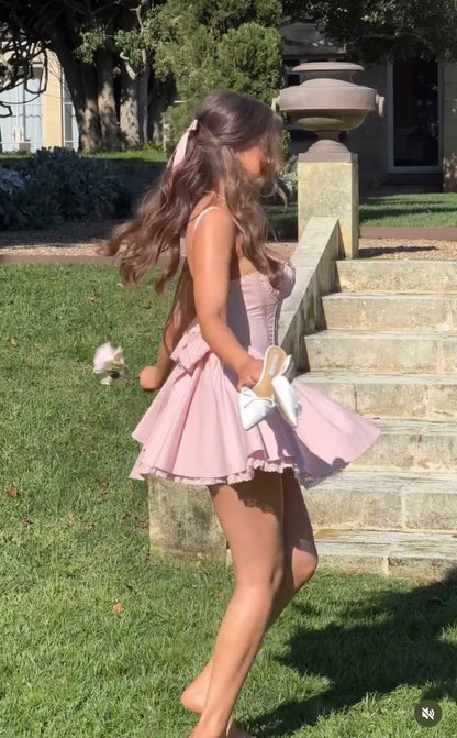 Vestido corto de satén rosa con tirantes finos, corte A, para fiesta de bienvenida, ideal para cumpleaños de verano, GG3969