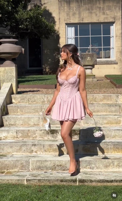 Vestido corto de satén rosa con tirantes finos, corte A, para fiesta de bienvenida, ideal para cumpleaños de verano, GG3969
